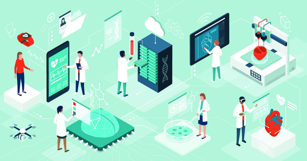 Doctors and researchers using innovative technologies for medicine and healthcare: medical wearables, AI, 3D printed and digital organs, stem cells and DNA bank