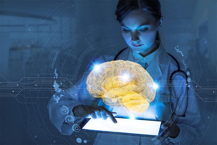 a female doctor looking at a holographic human brain