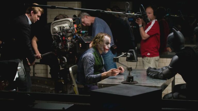 Christopher Nolan, Heath Ledger(Joker), Christian Bale(Batman) on the set of " The Dark Knight", 2008